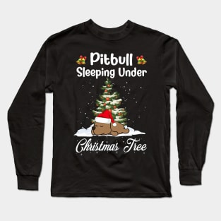 Pitbull Sleeping Under Christmas Tree Funny Xmas Long Sleeve T-Shirt